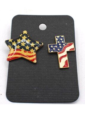 Set 2 American Flag Star and Cross Lapel Pins Patriotic Enamel Design Gold-Tone